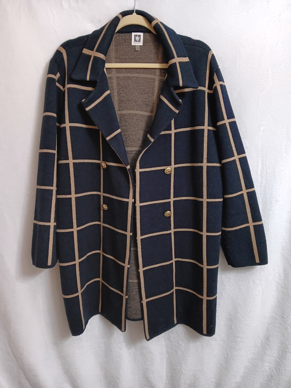 Anne Klein Navy Windowpane Double-Breasted Pea Coat